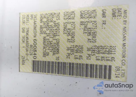 2015 Nissan Armada Platinum z USA, uszkodzony, nr VIN 5N1AA0NE0FN600840